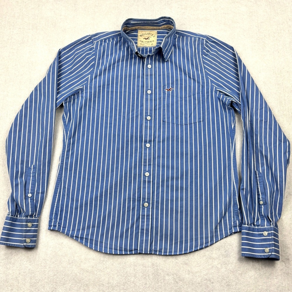 Vintage Hollister Shirt Mens XL Blue White Striped Long Sleeve Button Down Y2K